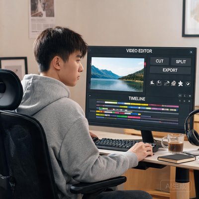 一位年轻男性程序员坐在电脑前，屏幕显示视频剪辑软件的界面