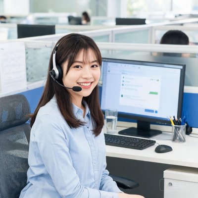 一位年轻女性客服在工位上戴着耳机，笑脸迎人