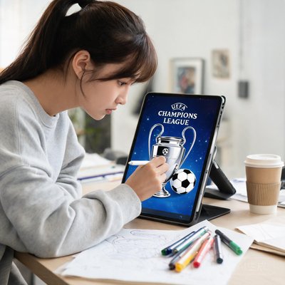 一位女性设计师正在平板电脑上绘制欧冠主题的视觉插图
